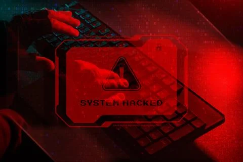 Cyber Attack system hacked concept. Hacker hands typing on a keyboard with .. Stock Photos