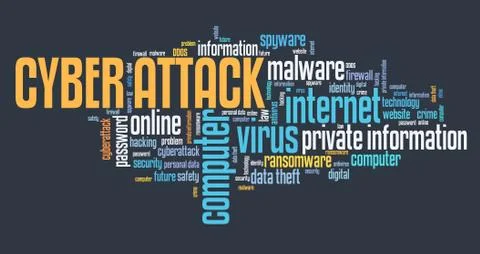 Cyber attack text concept - computer hacking. Word cloud. Stock Illustration