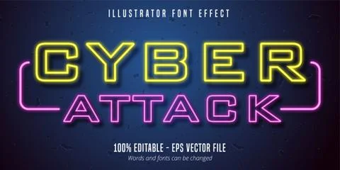 Cyber attack text, neon lights signage style editable font effect Stock Illustration