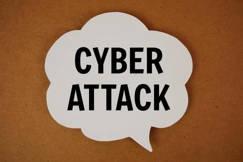 Cyber Attack text with speech bubble top view on yellow background Foto stock