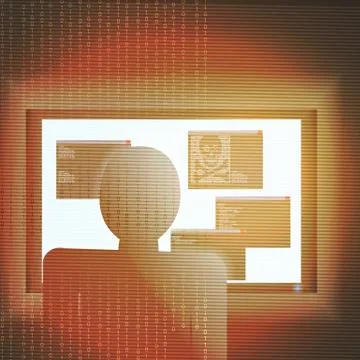 Cyber Attack with Unrecognizable Hacker Facing the Computer - Vector Illust.. Illustrazione stock