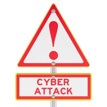 Cyber attack warning road sign with exclamation mark. 3D rendering Stock Illustration