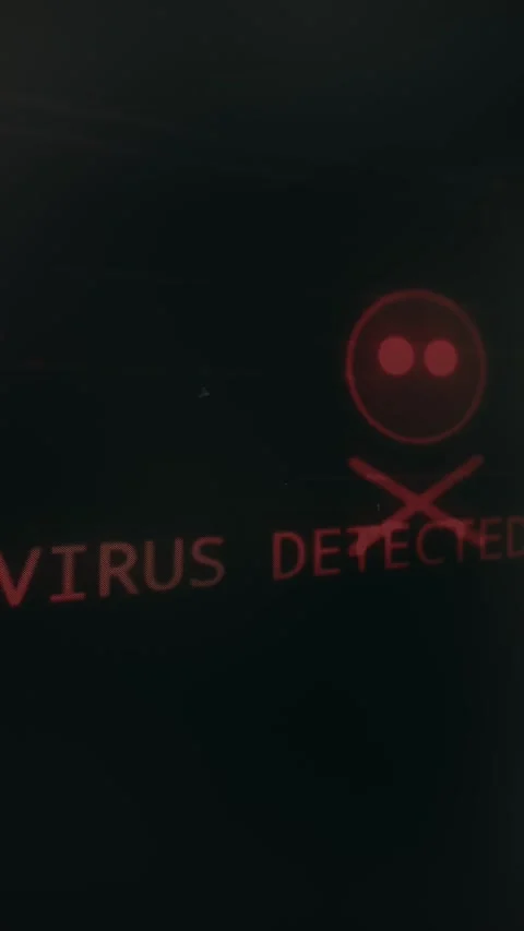 Cyber attack warning screen featuring Virus Detected text and skull icon Stock Footage 333832062