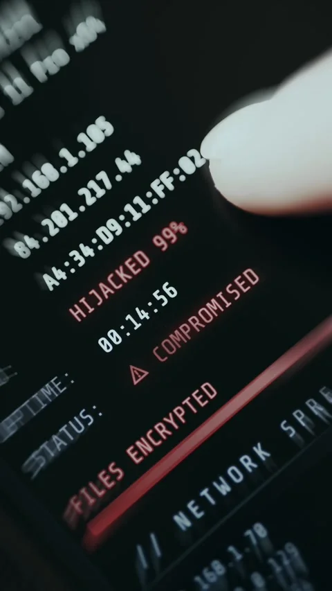 Cyber attack warning showing system compromised and files encrypted Stock Footage 335464246