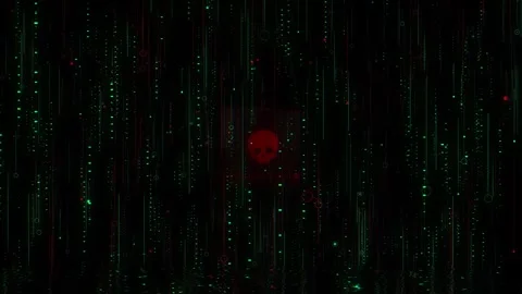 Cyber attack warning skull visual red danger icon, falling green code streams, a Stock Footage 340526792