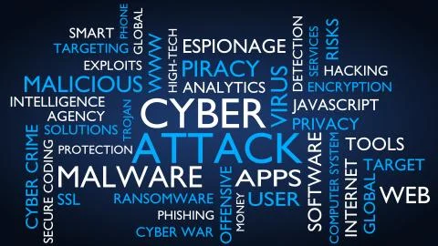 Cyber attack word tag cloud. 3D rendering, blue variant. 스톡 일러스트