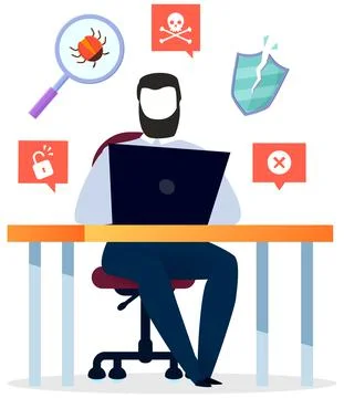 Cyber attacker trying to hack protection system. Man is hacking PC, stealing イラスト素材