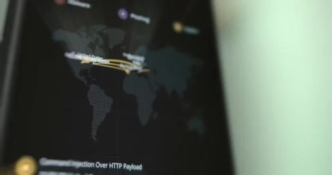 Cyber attacks from and over USA on digital world map Video stock 321752427