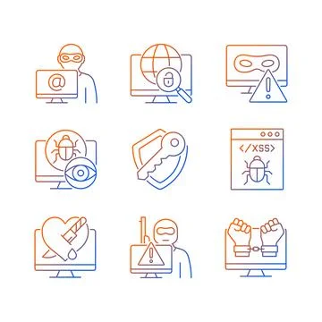 Cyber attacks types gradient linear vector icons set Stock Illustration