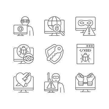 Cyber attacks types linear icons set 스톡 일러스트