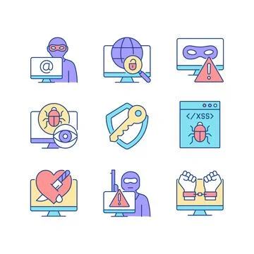 Cyber attacks types RGB color icons set Stock Illustration