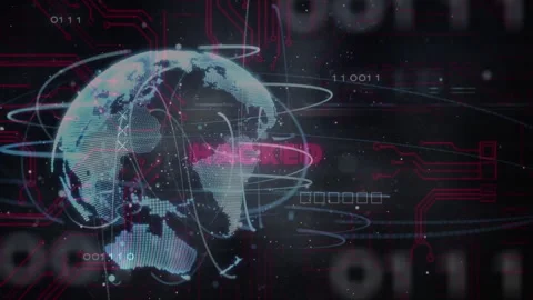 Cyber backdrop initiating 3D globe rotating, glitching HACKED text, spiraling Stock Footage 311141123