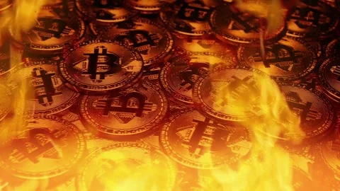 Cyber banking. Cryptocurrency money mining on fire. BTC Blockchain technology Stock Footage 336443824