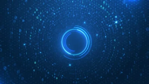 Cyber binary code interface visual blue glowing portal rings, hex pattern, float Stock Footage 340577136