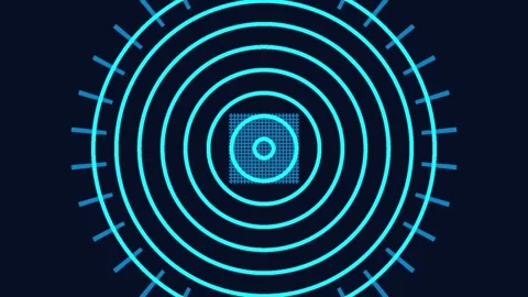 Cyber blueprint blue concentric circles radar HUD interface Stock Footage 342080761