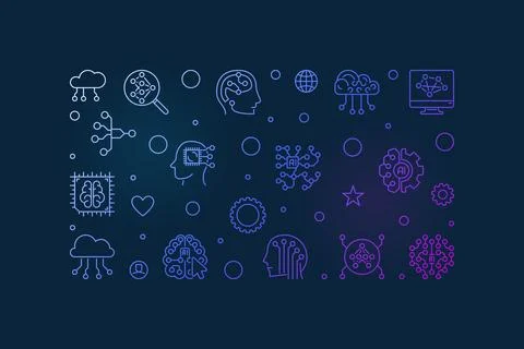 Cyber Brain and Artificial Intelligence line colorful banner. Vector AI hor.. Stock Illustration