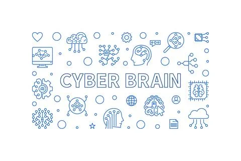 Cyber Brain concept vector horizontal simple outline banner Stock Illustration