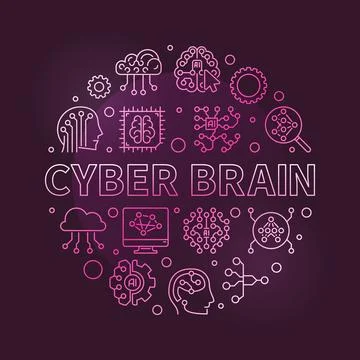 Cyber Brain concept vector round simple outline red banner Illustrazione stock