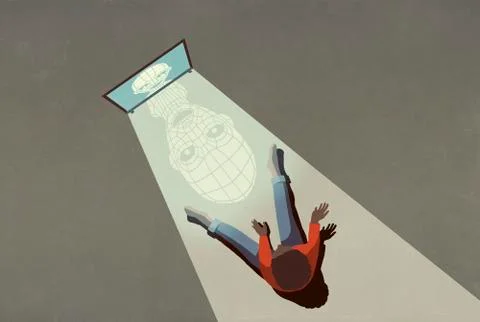 Cyber bully on computer screen casting shadow on boy Stock Illustration