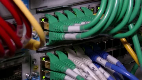 Cyber. Cable server connection with lights. 4K Video stock 84382449