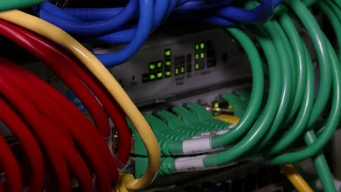 Cyber. Cable server connection with lights. 4K Stock Footage 84383530