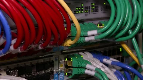 Cyber. Cable server connection with lights. 4K Video stock 84384251