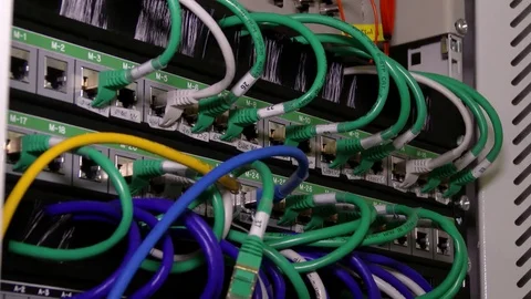 Cyber. Cable server connection with lights. 4K Video stock 84384254