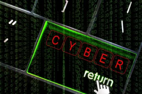 Cyber concept with the focus on the return button overlaid with binary code Stock Illustration