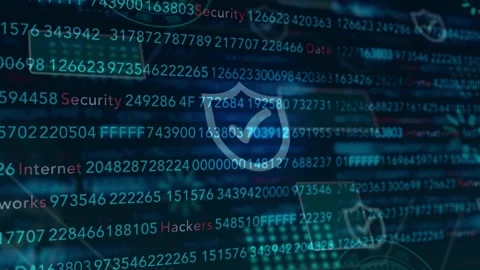 Cyber Crime and Network Security Data Code with Glowing Shield Icons on Screen Vídeos de archivo 336900963
