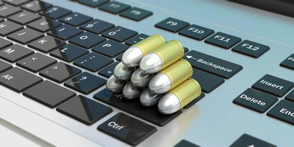 Cyber crime. Bullets stack isolated on  computer keyboard. 3d illustartion イラスト素材