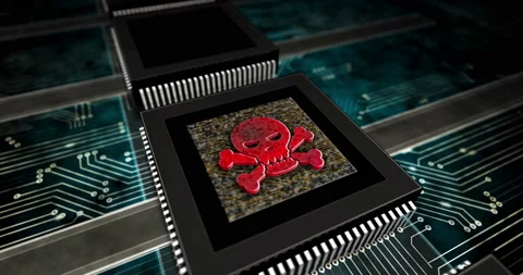 Cyber crime with skull symbol in processor factory loopable Stock Footage 138308162