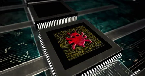 Cyber crime with virus or worm symbol in processor factory loopable Stock Footage 139038468