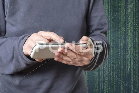 The cyber criminal person using a smart phone in deep web cyberspace Stock Photos