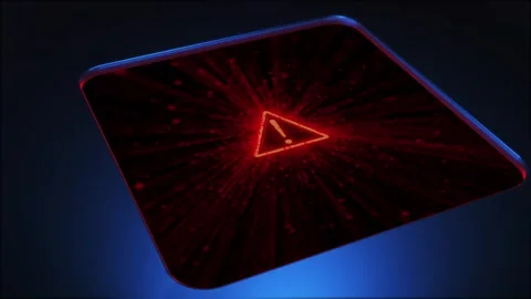Cyber danger warning visual red glowing alert triangle, dark device panel, and d Stock Footage 340575762