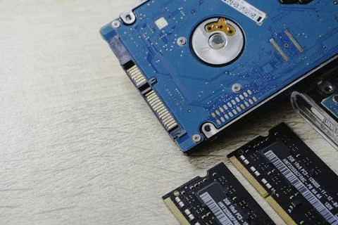 Cyber data attack concept : broken laptop ,crash motherboard ,memory hard d.. Stock Photos