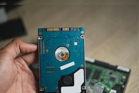 Cyber data attack concept : broken laptop ,crash motherboard ,memory hard d.. Stock Photos