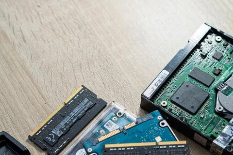 Cyber data attack concept : broken laptop ,crash motherboard ,memory hard d.. Stock Photos