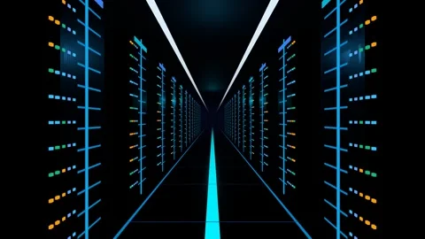 Cyber Data Center Server Rack Corridor Drift with pulsing LED indicator lights a Vídeos de archivo 346019275