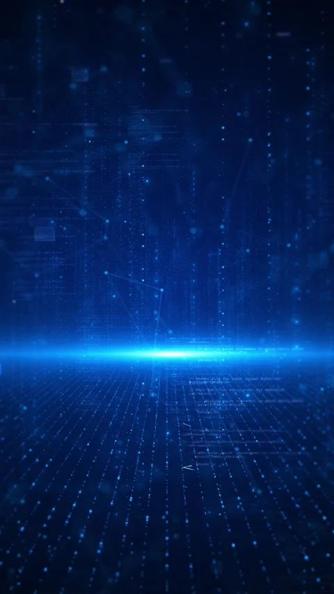 Cyber data dashboard blue grid floor, glowing center horizon, floating code bloc Stock Footage 340470628