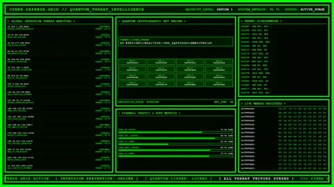 Cyber Defense Grid Quantum Threat Intelligence Green Dashboard. Stock Footage 346739702