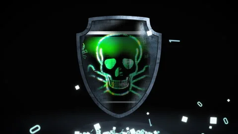 Cyber defense illustration featuring a digital skull within a metallic shield, Stock Footage 328698017