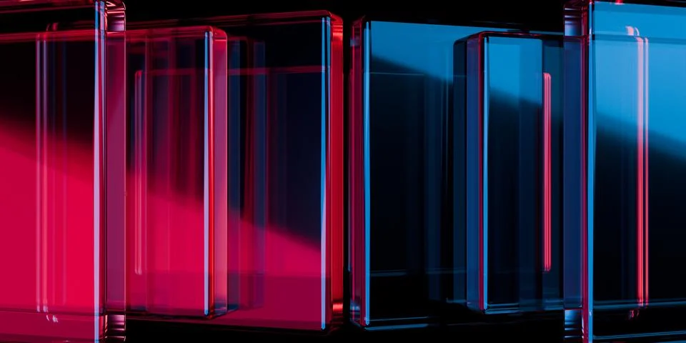 Cyber elements made of transparent glass and liquid acrylic purple blue glo.. Stockillustratie
