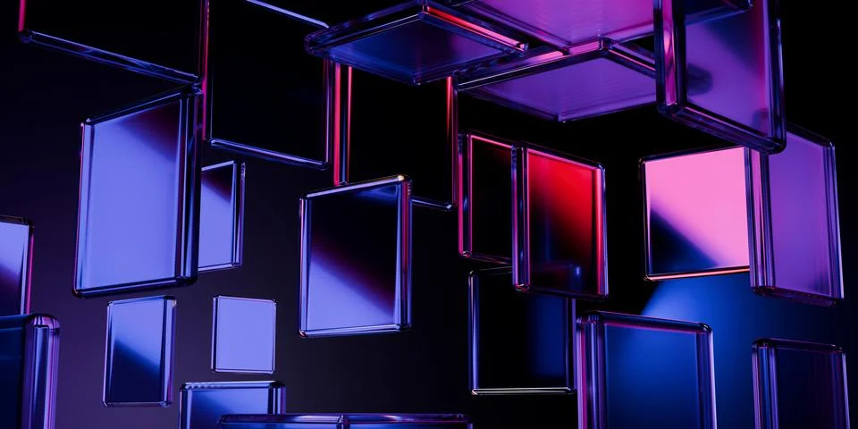Cyber elements made of transparent glass and liquid acrylic purple blue glo.. Illustrazione stock