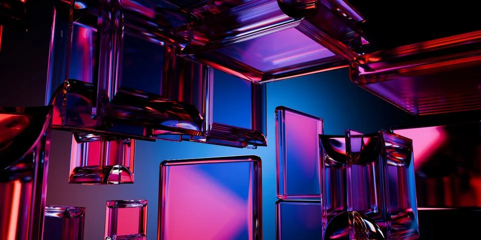 Cyber elements made of transparent glass and liquid acrylic purple blue glo.. Illustrazione stock