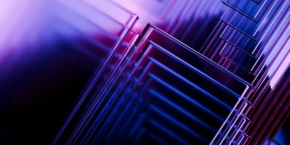 Cyber elements made of transparent glass and liquid acrylic purple blue glo.. Illustrazione stock