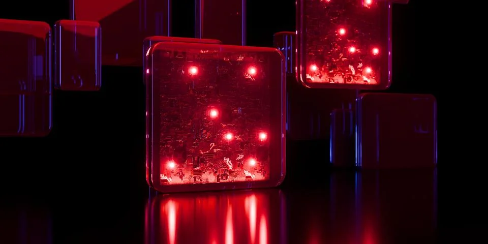 Cyber elements super computer chip in glass and liquid acrylic purple blue .. Illustrazione stock