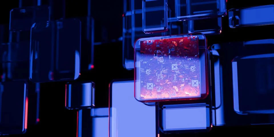 Cyber elements super computer chip in glass and liquid acrylic purple blue .. 스톡 일러스트