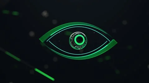Cyber eye looking around flying in abstract space Video stock 149927641