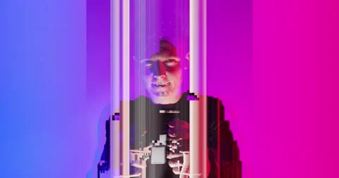 Cyber Glitch Background with a Young Man Playing on a Game Console. Stock Footage 150833928