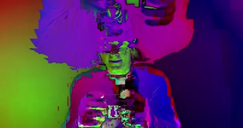 Cyber Glitch Background with a Young Man Playing on a Game Console. Stock Footage 150834011
